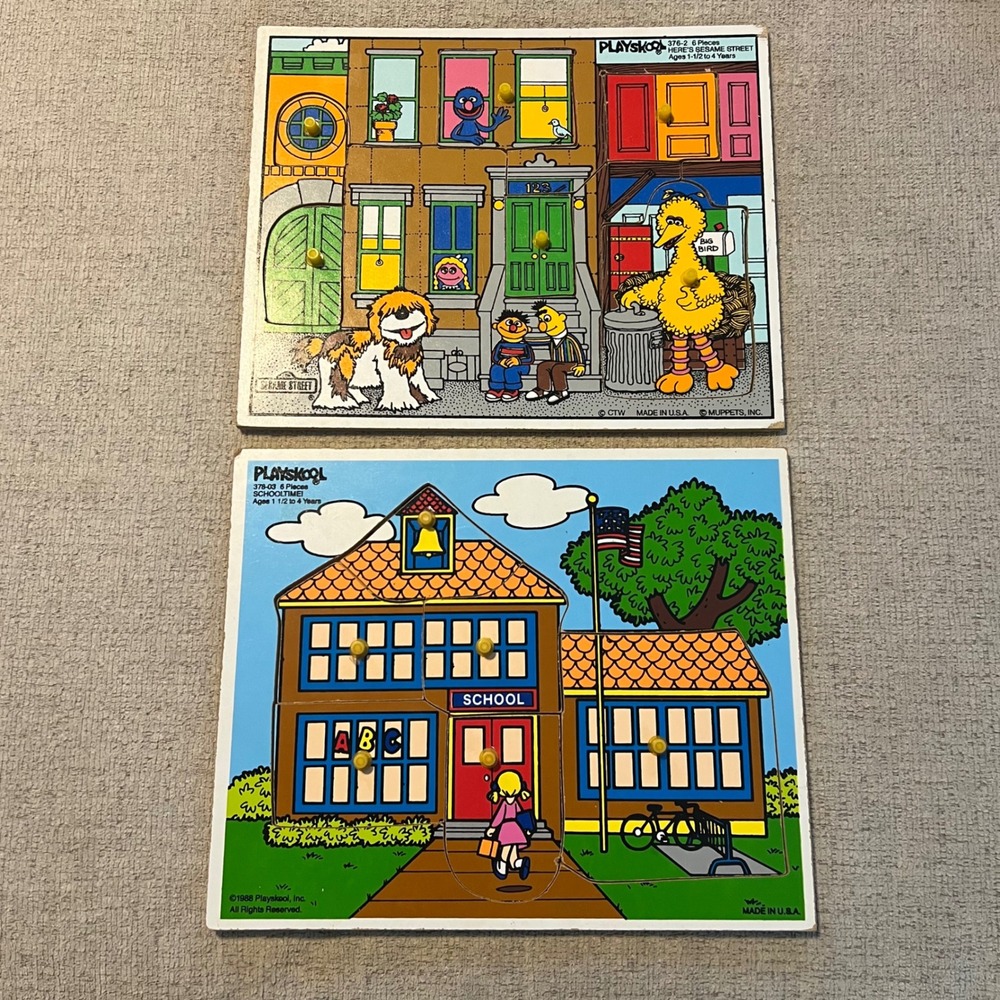 Vintage Playskool Wood Peg Puzzles Sesame Street 376-2 & Schooltime 378-03 1988